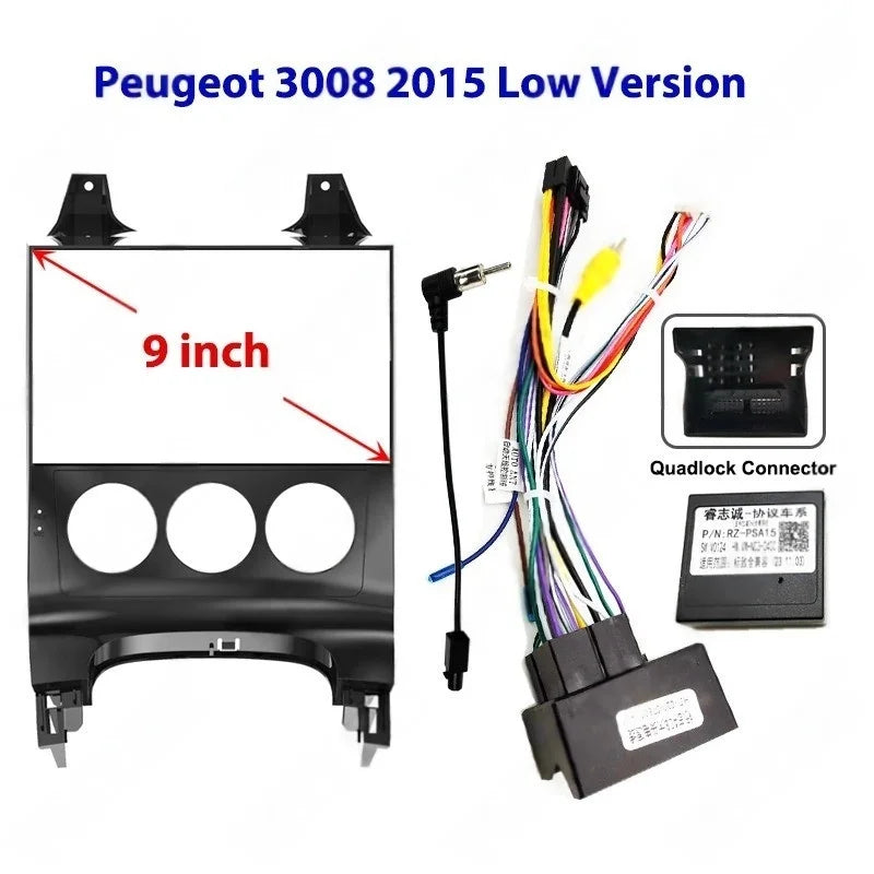 9" Android Radio Panel Frame Mounting Kits with 16 Pin to Quadlock Wiring Harness CAN Bus Decoder for Peugeot 3008 2009-2015