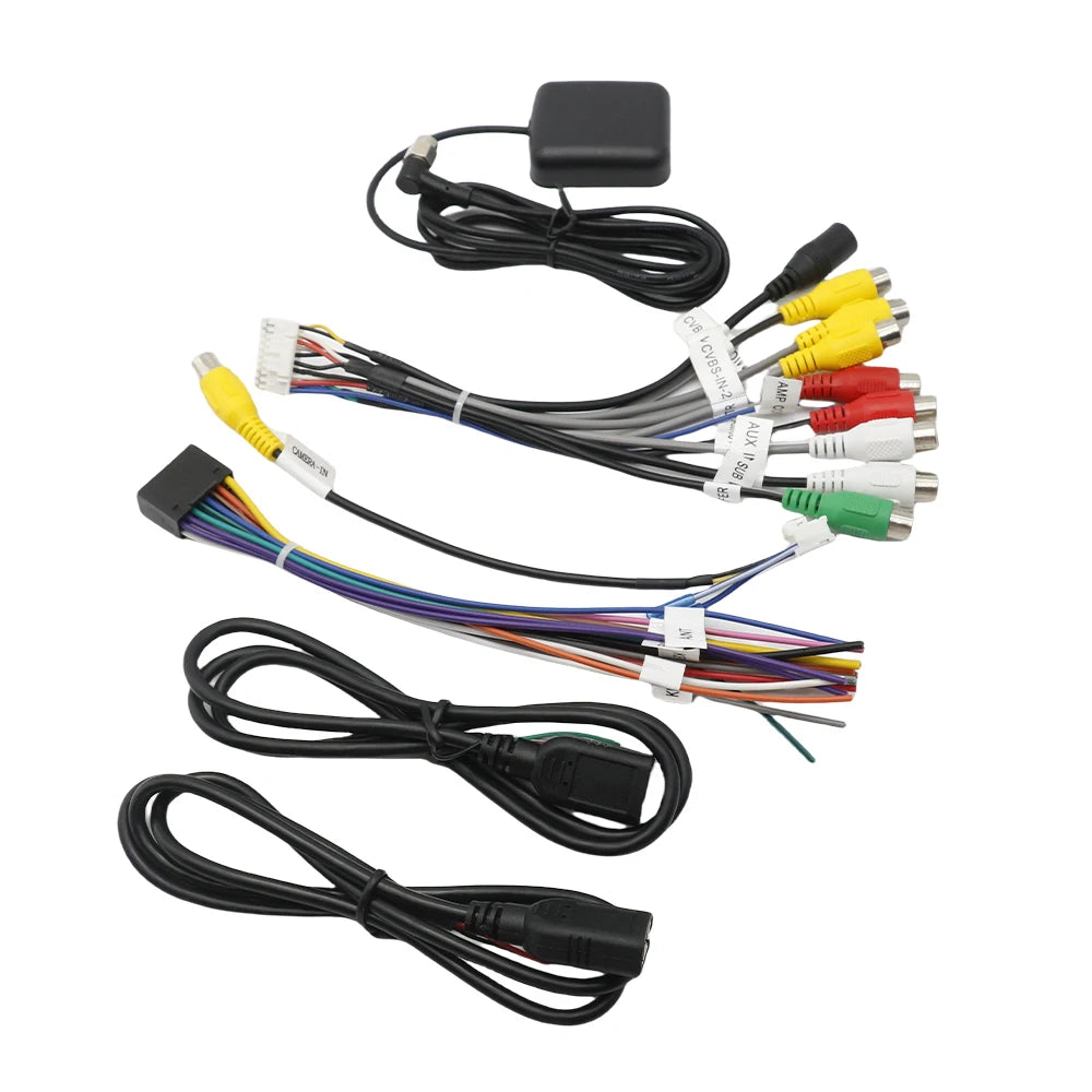 16 Pin Wiring Harness Set for Universal Car Android System USB Adapter GPS Antenna Mic Video CVBS Audio Aux RCA Wifi Cable