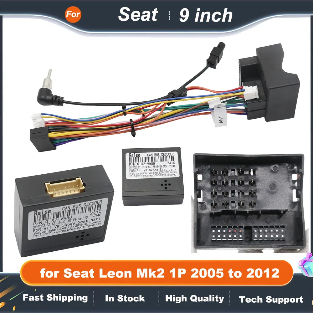 CAN Bus Wiring Harness with 9 inch Android System Dashboard Panel Frame for Seat Leon Mk2 1P 2005 to 2012 16 Pin Cable Adapter