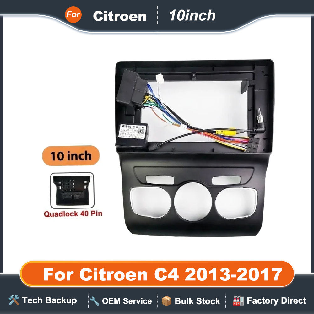 10" Android Radio Mounting Panel Frame for Citroen C4 2013-2017, 16 Pin Wiring Harness Adapter, CAN Bus Decoder, Quadlock 40 Pin