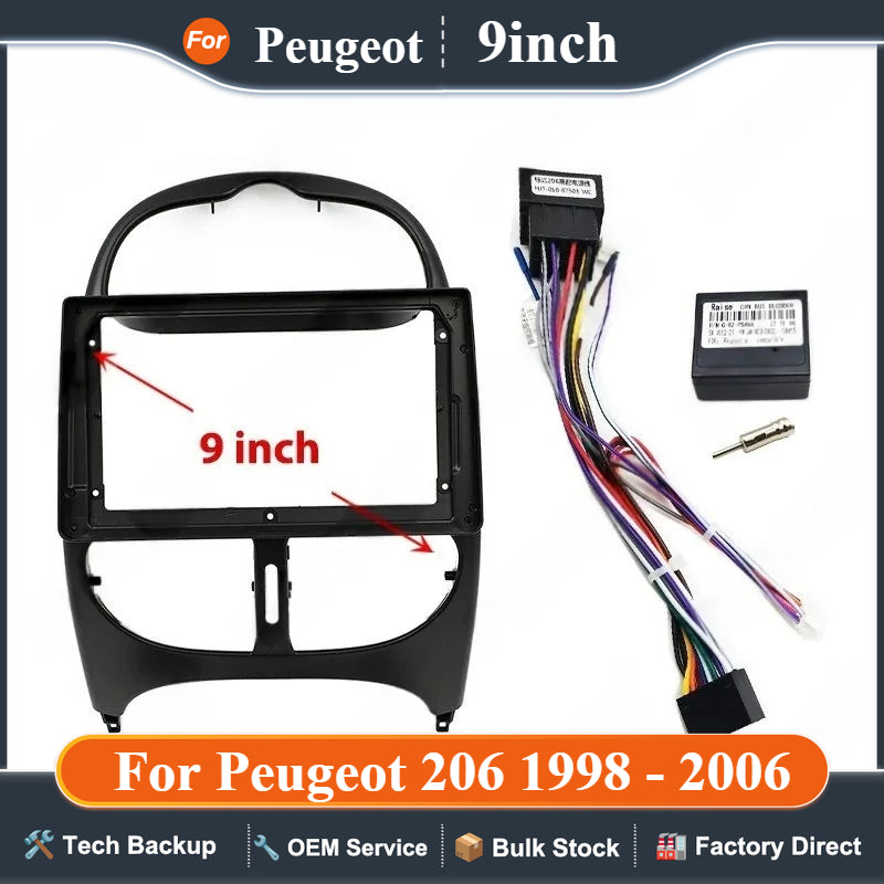 Wiring Harness Adapter with CAN Bus decoder, 2 Din 9 inch Android Radio Panel Frame for Peugeot 206 1998 - 2006, 16 Pin Cable