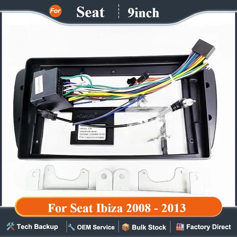 Radio Wiring Harness Adapter, CAN Bus Decoder, 9 inch Android System Panel Frame for Seat Ibiza 2008 to 2013, 16 Pin Plug Cable
