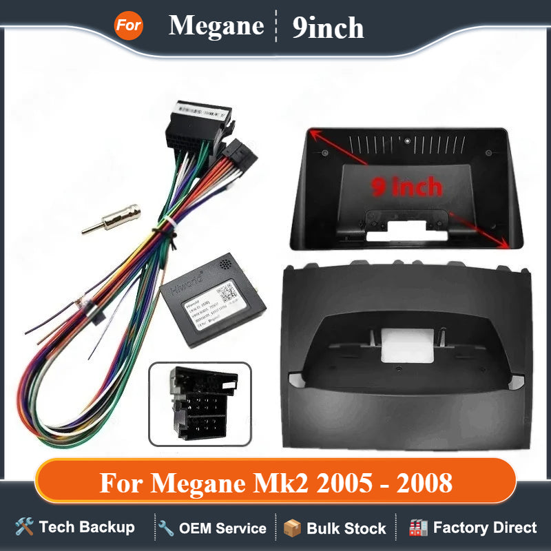 Wiring Harness Adapter CAN Bus Decoder with Dashboard Panel Frame for Megane Mk2 2005 to 2008, for 2 Din 9" Android Multimedia