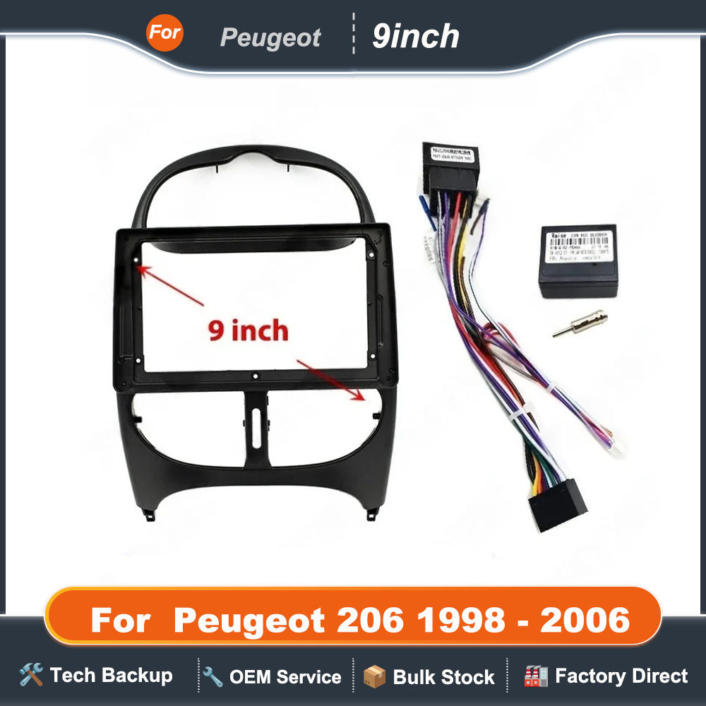 Wiring Harness Adapter with CAN Bus decoder, 2 Din 9 inch Android Radio Panel Frame for Peugeot 206 1998 - 2006, 16 Pin Cable