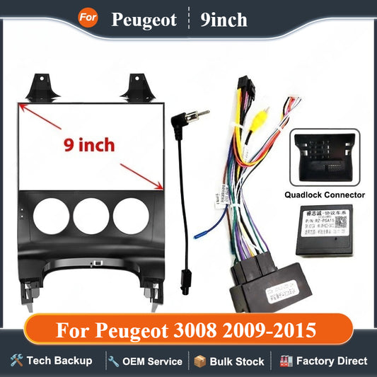 9" Android Radio Panel Frame Mounting Kits with 16 Pin to Quadlock Wiring Harness CAN Bus Decoder for Peugeot 3008 2009-2015