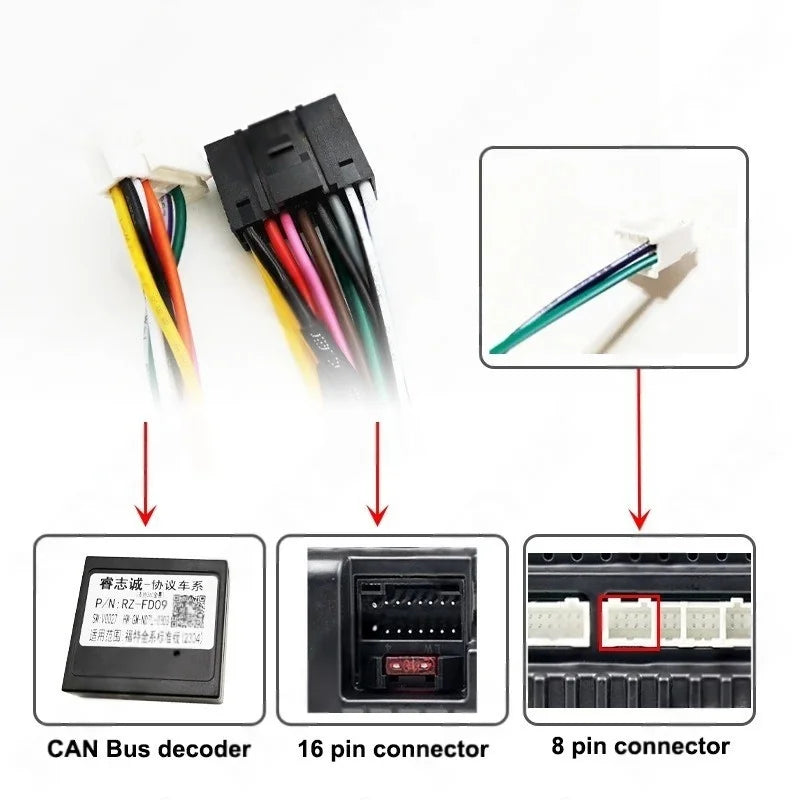 CAN Bus Wiring Harness with Radio Panel Frame for Ford Focus 2 2005 to 2011, Cable Adapter for 16 Pin 9 inch Android Multimedia