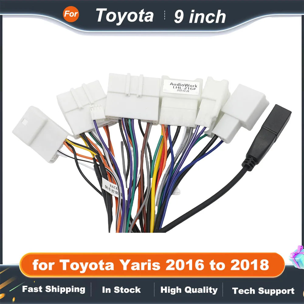 Wiring Harness Adapter CAN Bus Decoder Dashboard Panel Frame for Toyota Yaris 2016 to 2018, for 2 DIN 9" 16 Pin Android Radio
