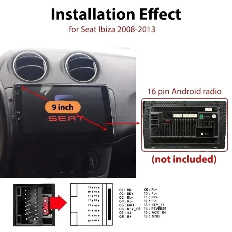 Radio Wiring Harness Adapter, CAN Bus Decoder, 9 inch Android System Panel Frame for Seat Ibiza 2008 to 2013, 16 Pin Plug Cable