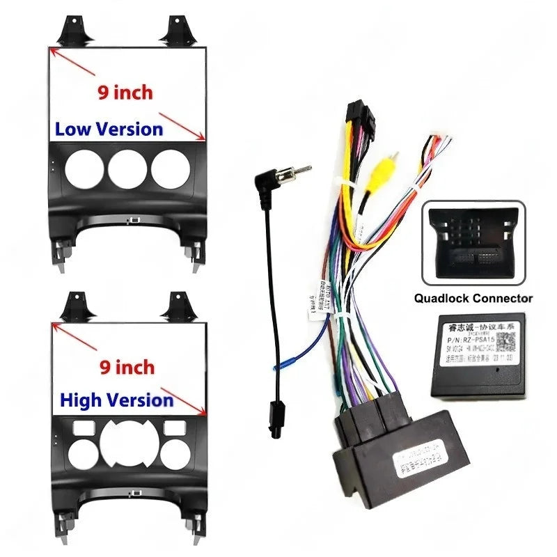9" Android Radio Panel Frame Mounting Kits with 16 Pin to Quadlock Wiring Harness CAN Bus Decoder for Peugeot 3008 2009-2015