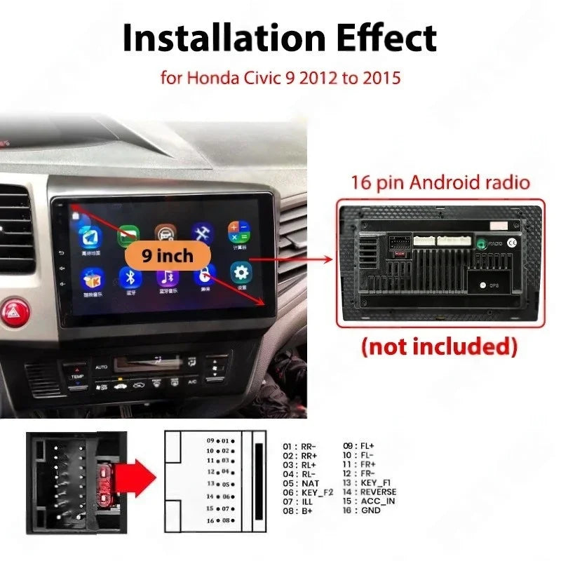 CAN Bus Wiring Harness with Radio Panel Frame for Honda Civic 9 2012 to 2015, Cable Adapter for 16 Pin 9 inch Android Multimedia