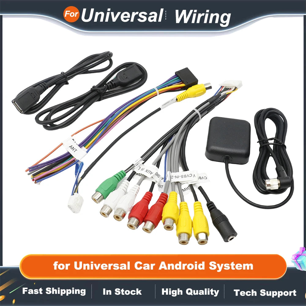 16 Pin Wiring Harness Set USB Adapter GPS Antenna Mic Video CVBS Audio Aux RCA Wifi Cable for Universal Car Android System