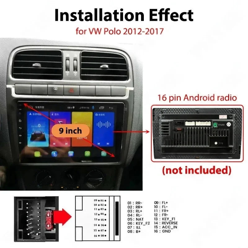 Radio Panel Frame for VW Polo 2012 to 2017, Quadlock Wiring Harness Adapter, CAN Bus Decoder, for 16 Pin 9" Android Multimedia