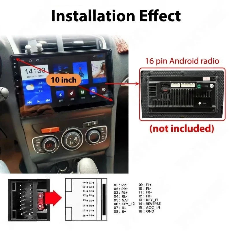 10" Android Radio Mounting Panel Frame for Citroen C4 2013-2017, 16 Pin Wiring Harness Adapter, CAN Bus Decoder, Quadlock 40 Pin