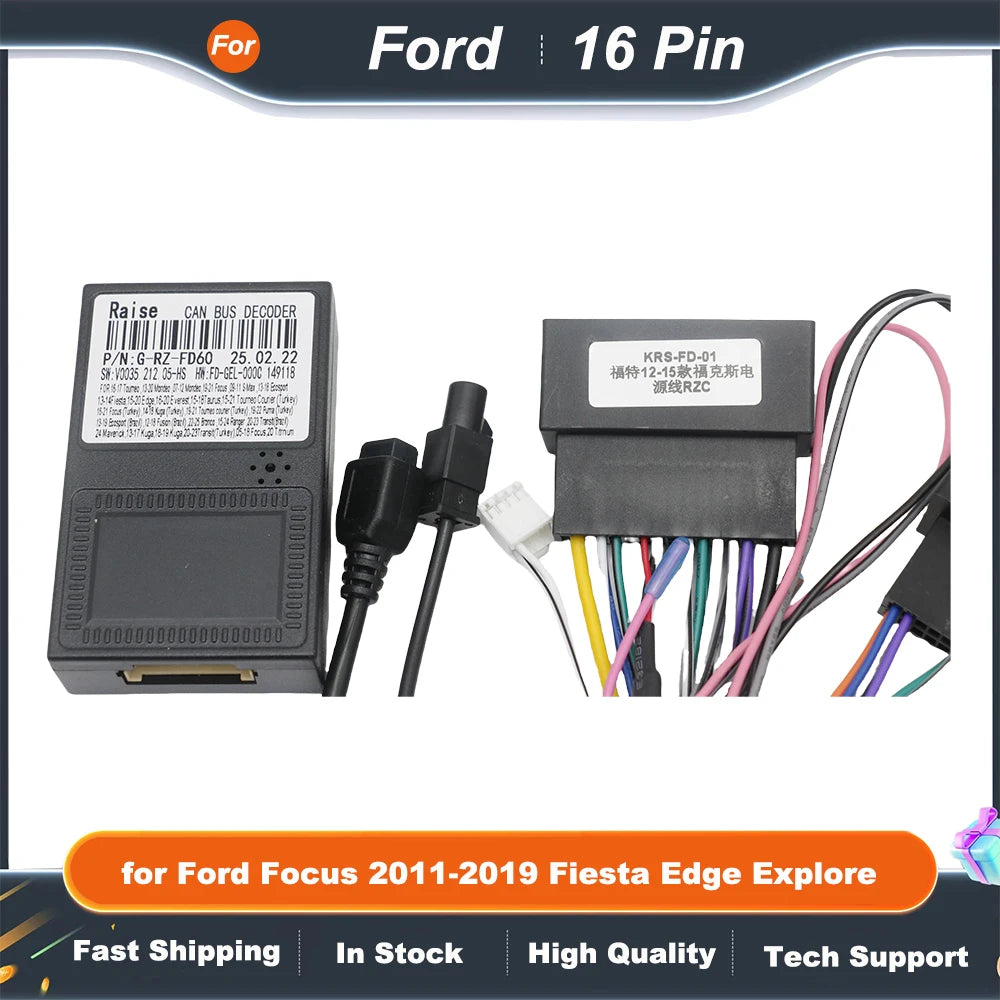 16 pin Harness CANBUS Decoder Box FORD-RZ-10/RZ-FD10/RZ-FD60 for Ford Focus 2011-2019 Fiesta Edge Explore Android RADIO Sync