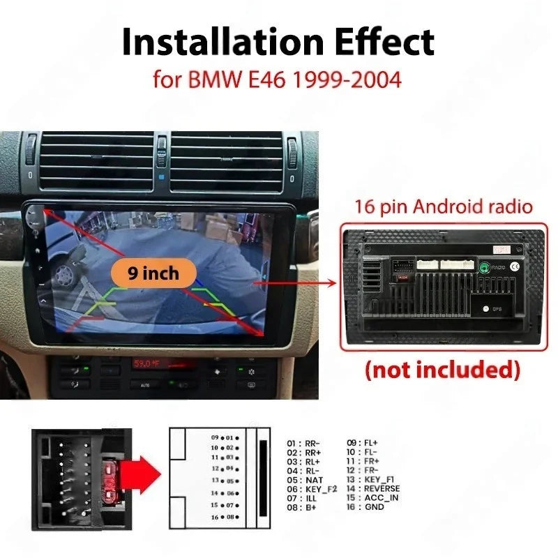 2DIN 9" Dashboard Panel Frame for BMW 3 E46 1999-2004, Wiring Harness Adapter, CAN Bus  Decoder, for 16 Pin Android Radio System