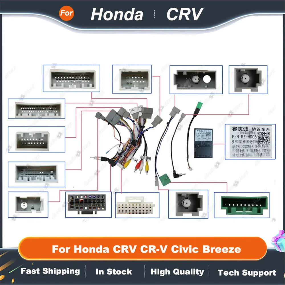 Car 16pin Wiring Harness Adapter Canbus Box For Honda CRV CR-V Civic Breeze Android Radio Power Cable HD-RZ-06