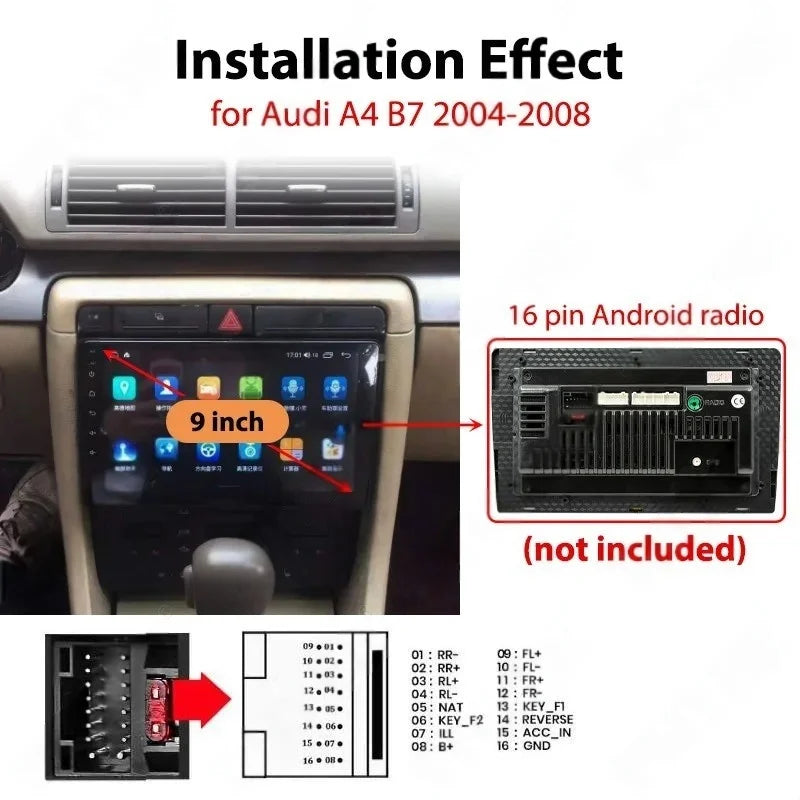 Dashboard Panel Frame for Audi A4 B7 2004 - 2008, Radio Wiring Harness Adapter, CAN Bus Decoder, for 2 DIN 9" Android Multimedia
