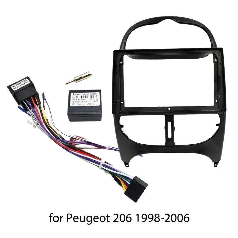 Wiring Harness Adapter with CAN Bus decoder, 2 Din 9 inch Android Radio Panel Frame for Peugeot 206 1998 - 2006, 16 Pin Cable