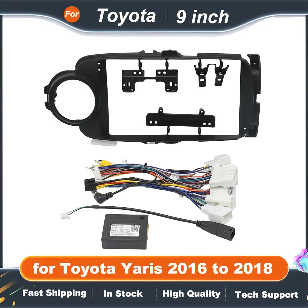 Wiring Harness Adapter CAN Bus Decoder Dashboard Panel Frame for Toyota Yaris 2016 to 2018, for 2 DIN 9" 16 Pin Android Radio