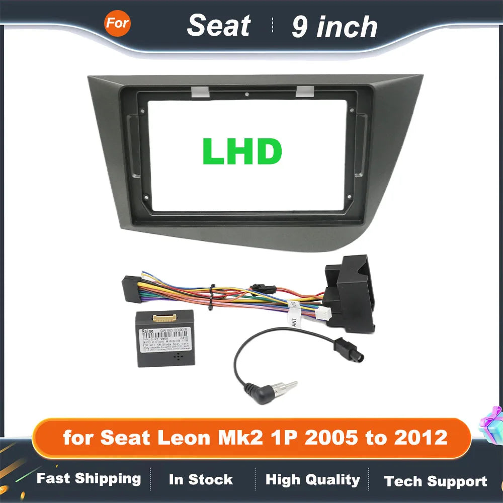 CAN Bus Wiring Harness with 9 inch Android System Dashboard Panel Frame for Seat Leon Mk2 1P 2005 to 2012 16 Pin Cable Adapter