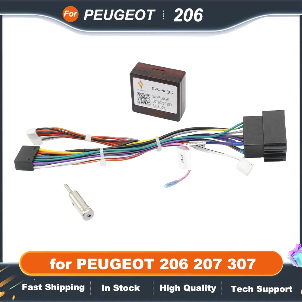16 Pin Power Cable XP CANBUS Decoder Apdater RP5-PA-104  Harness for PEUGEOT 206 207 307 Car Android Radio