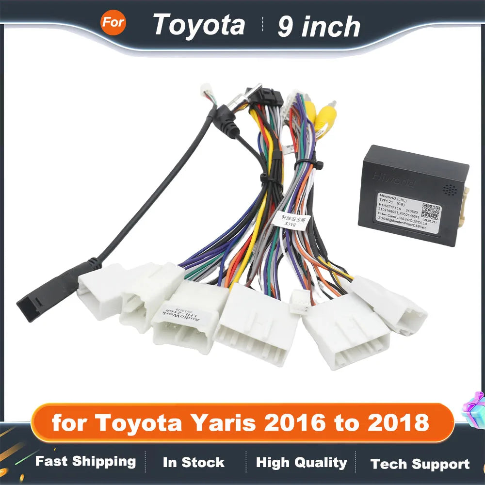 Wiring Harness Adapter CAN Bus Decoder Dashboard Panel Frame for Toyota Yaris 2016 to 2018, for 2 DIN 9" 16 Pin Android Radio