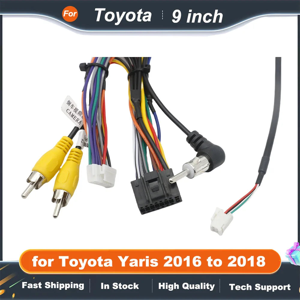 Wiring Harness Adapter CAN Bus Decoder Dashboard Panel Frame for Toyota Yaris 2016 to 2018, for 2 DIN 9" 16 Pin Android Radio