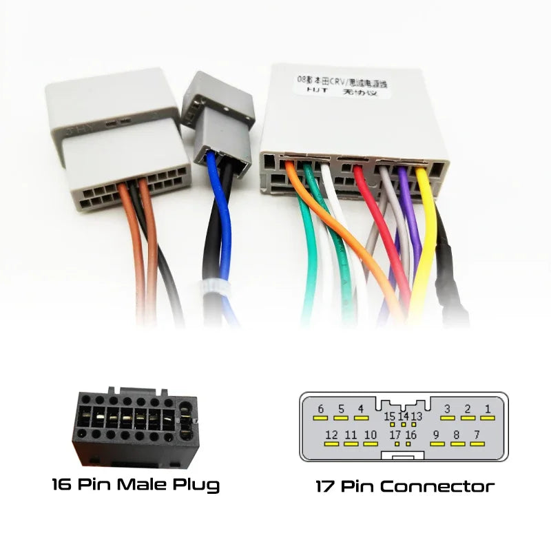 Radio Wiring Harness, 16 Pin to 17 Pin Connector, Android Cable Adapter, for Honda Civic 8, CRV 3, Mitsubishi Lancer Outlander