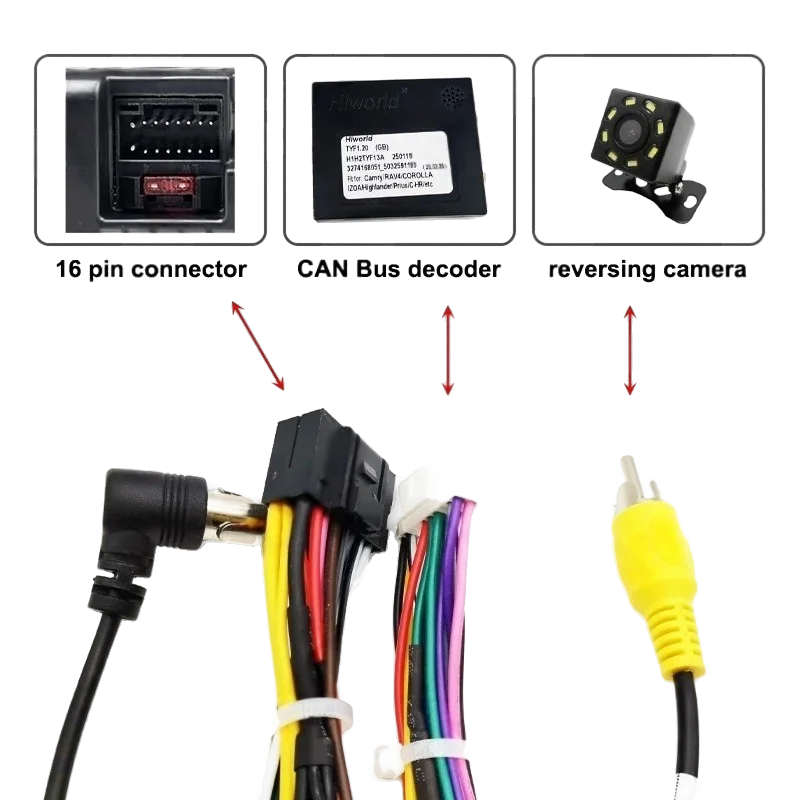 Radio Wiring Harness, CAN Bus Decoder, 16 Pin Android System Cable Adapter, for Toyota Corolla Camry RAV4 Highlander Hilux CHR