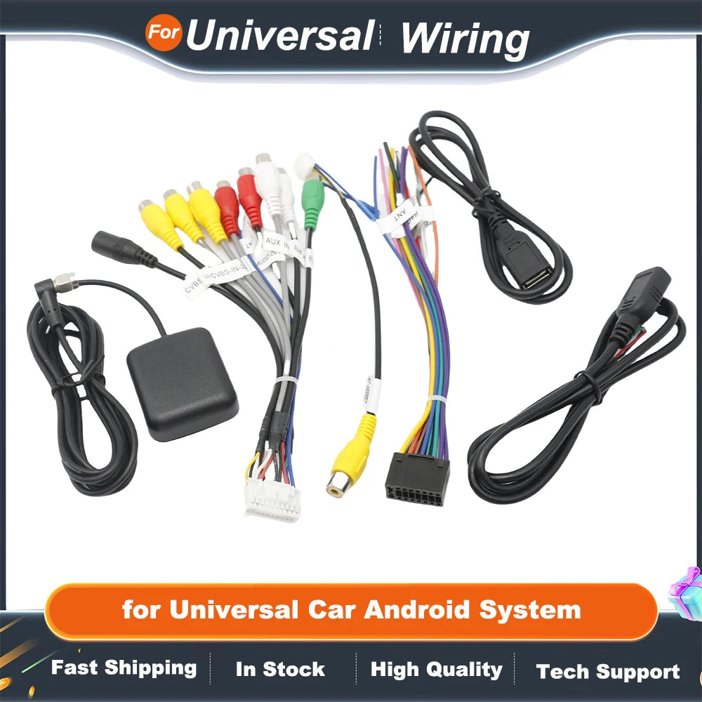 16 Pin Wiring Harness Set USB Adapter GPS Antenna Mic Video CVBS Audio Aux RCA Wifi Cable for Universal Car Android System