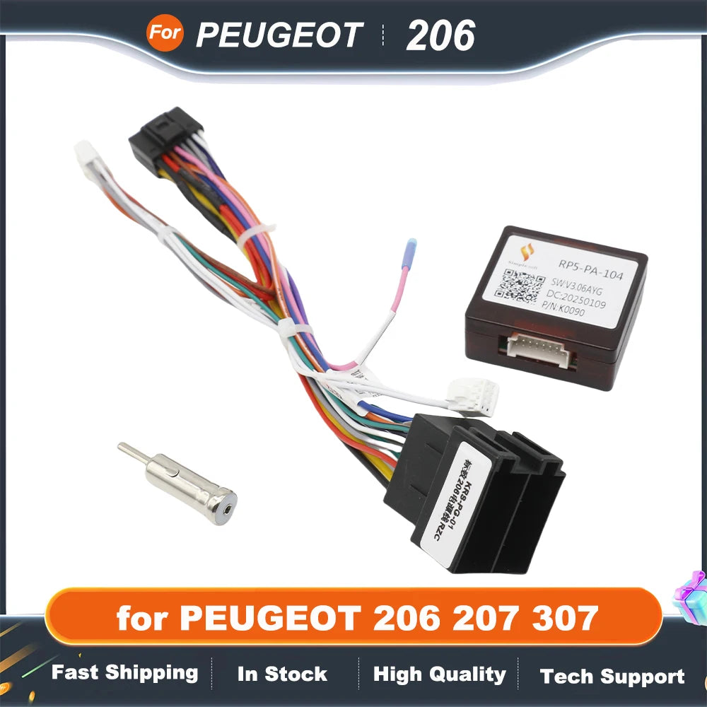16 Pin Power Cable XP CANBUS Decoder Apdater RP5-PA-104  Harness for PEUGEOT 206 207 307 Car Android Radio