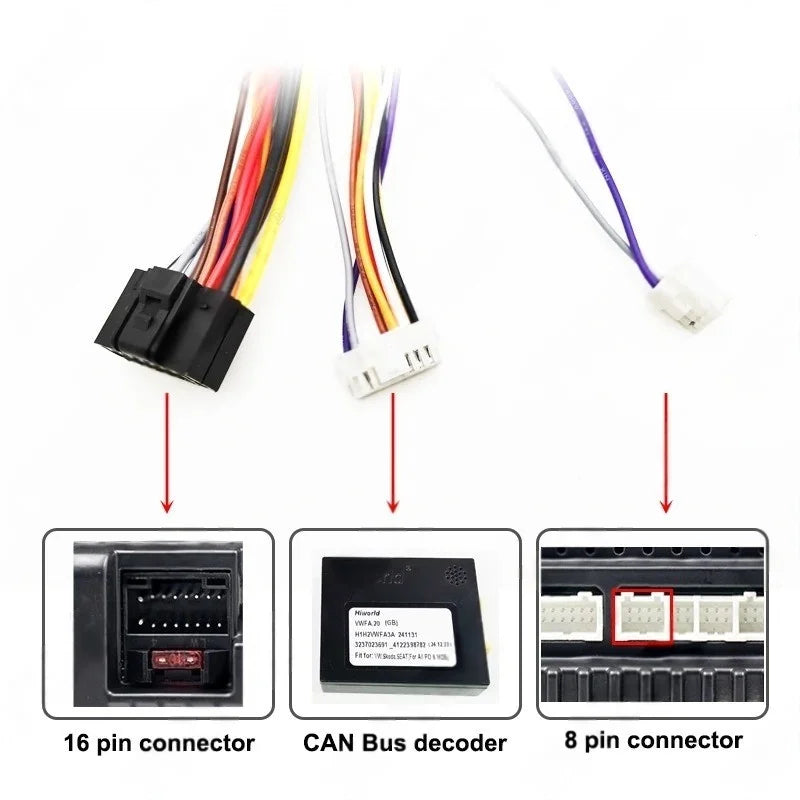 Radio Wiring Harness Adapter, CAN Bus Decoder, 16 Pin Car Android Cable, for VW Golf, Jetta, Polo, Passat, T-Roc, Octavia, Leon