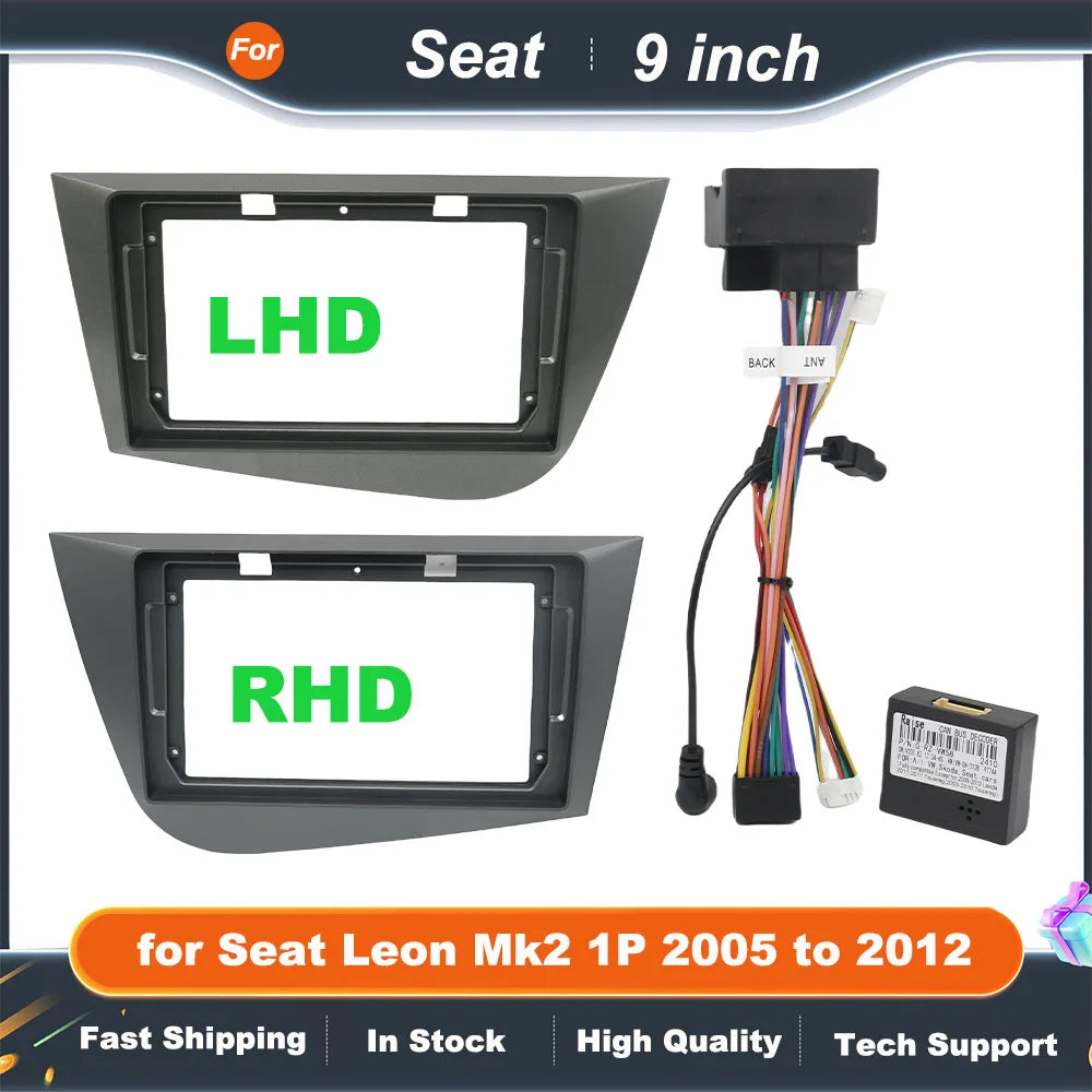 CAN Bus Wiring Harness with 9 inch Android System Dashboard Panel Frame for Seat Leon Mk2 1P 2005 to 2012 16 Pin Cable Adapter