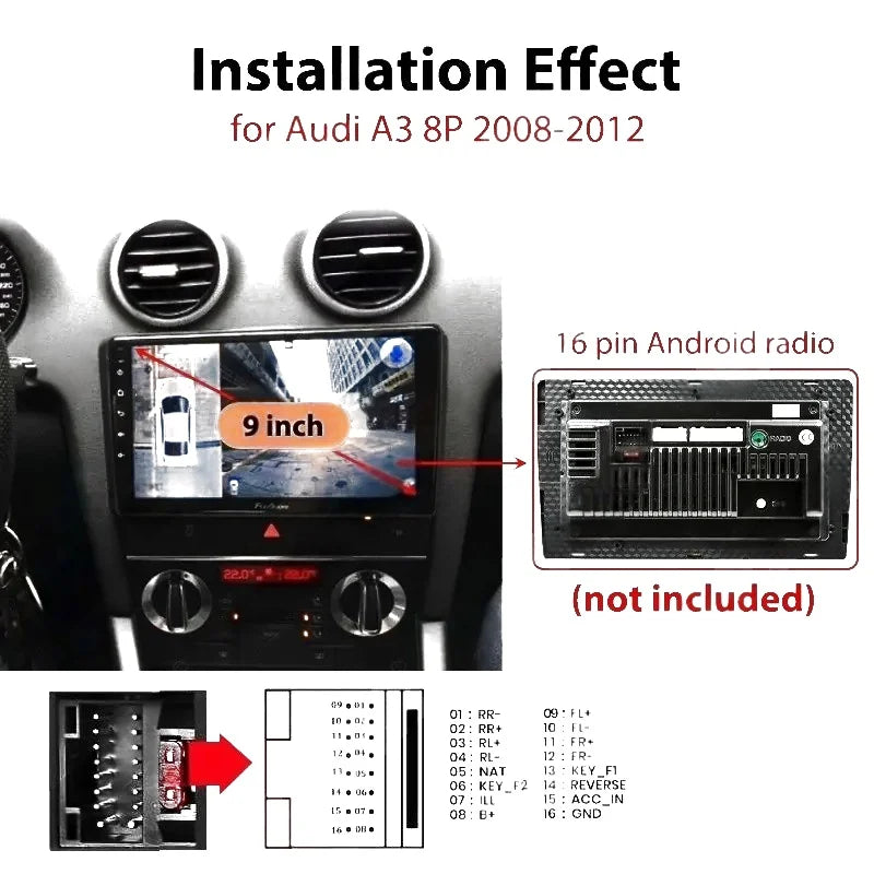 Dashboard Panel Frame for Audi A3 8P 2008 to 2012, Radio Wiring Harness Adapter, CAN Bus Decoder, for 2DIN 9" Android Multimedia