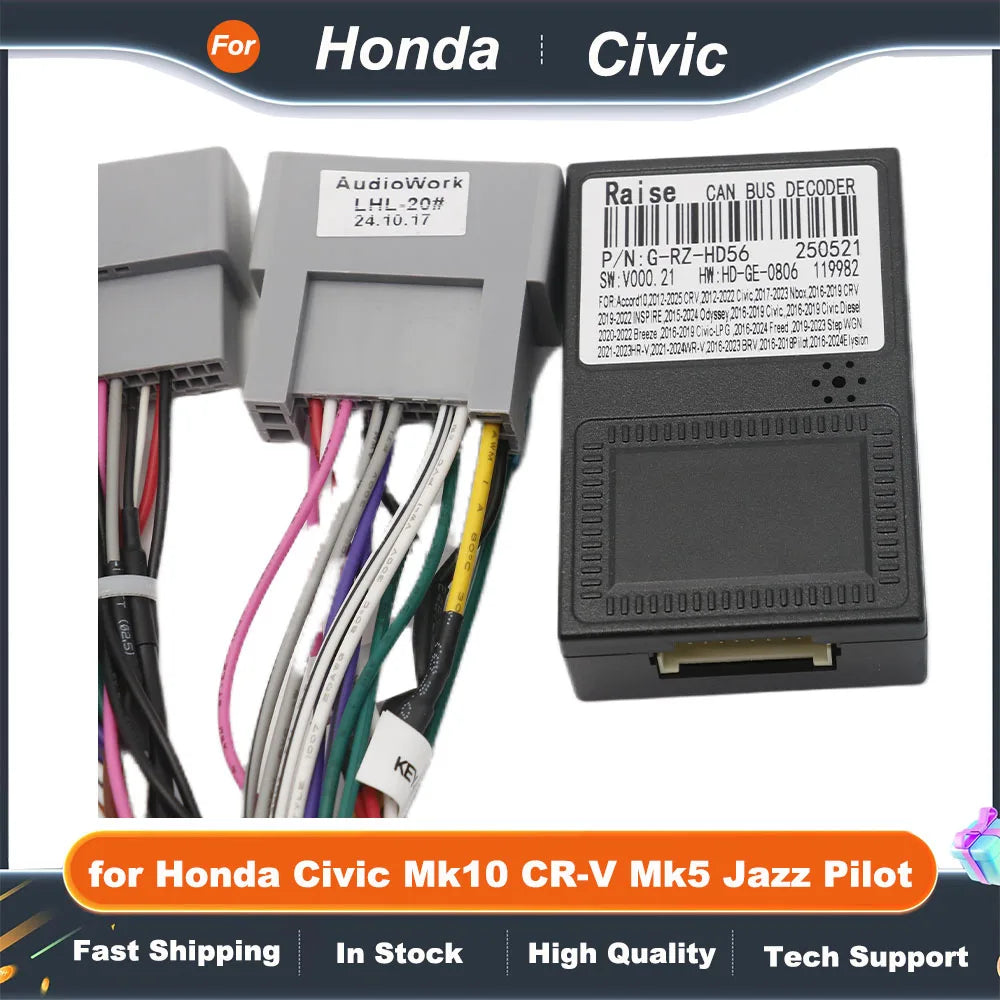 CAN Bus Decoder Wiring Harness 16 Pin to 24Pin 32Pin Android Multimedia Cable Adapter for Honda Civic Mk10 CR-V Mk5 Jazz Pilot