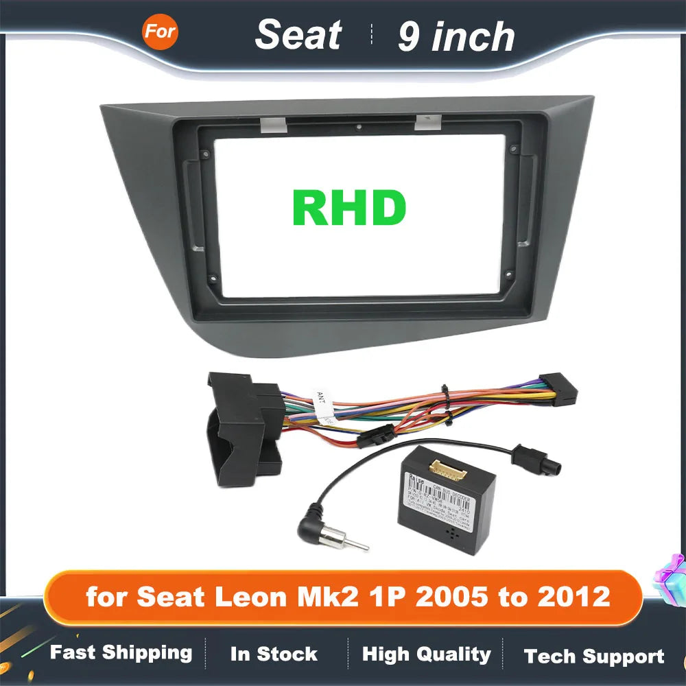CAN Bus Wiring Harness with 9 inch Android System Dashboard Panel Frame for Seat Leon Mk2 1P 2005 to 2012 16 Pin Cable Adapter