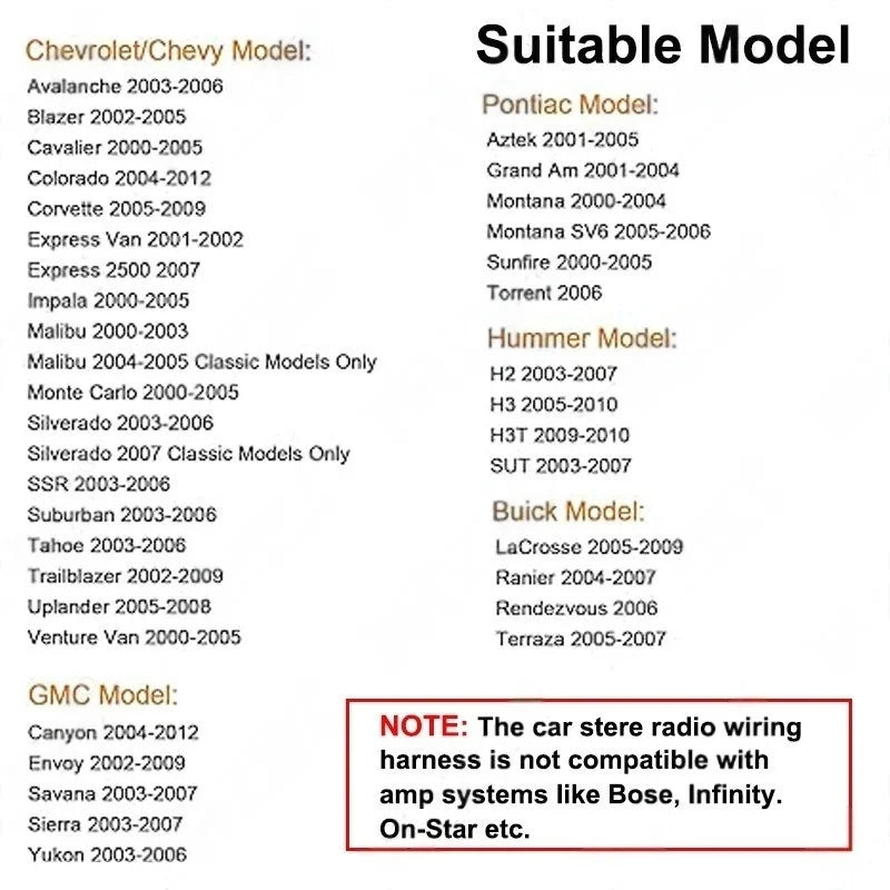 Car Stereo Radio Wiring Harness Adapter 24 Pin for Chevy Silverado Chevrolet Malibu Impala GMC Envoy Sierra Buick Pontiac Hummer