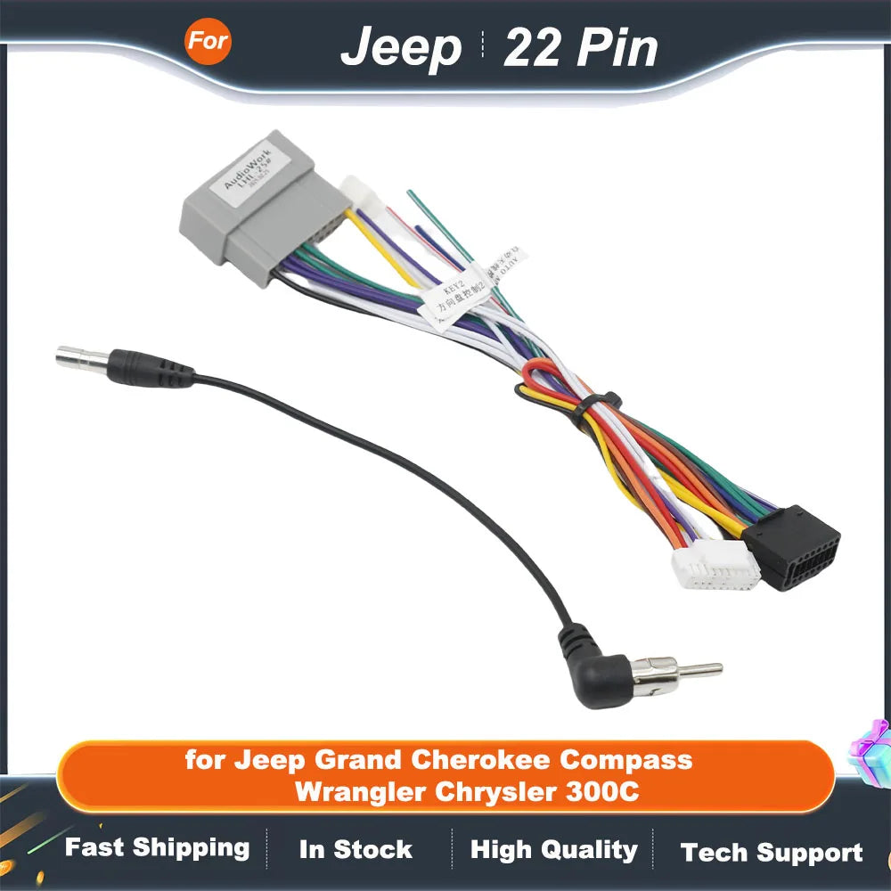 Radio Wiring Harness Adapter CAN Bus Decoder 16 Pin Plug to 22 Pin Cable for Jeep Grand Cherokee Compass Wrangler Chrysler 300C