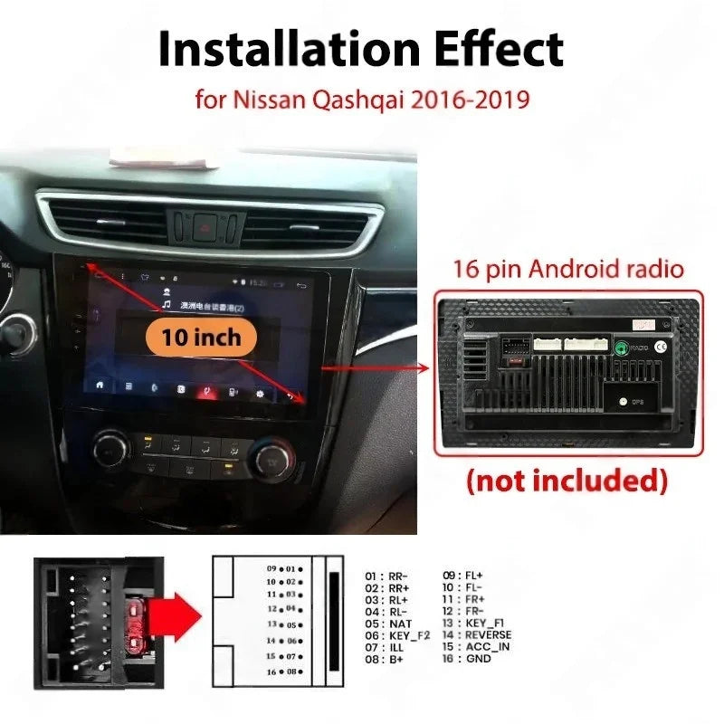 CAN Bus Radio Wiring Harness Adapter with Panel Frame for Nissan Qashqai J11 2016-2019, for 2 Din 10" 16 Pin Android Multimedia