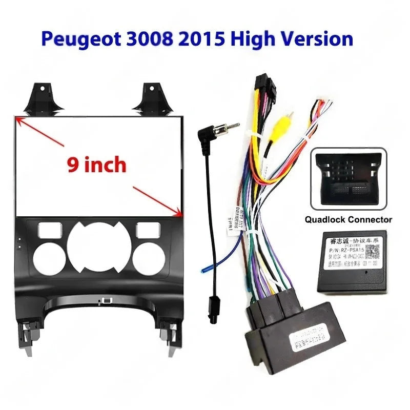 9" Android Radio Panel Frame Mounting Kits with 16 Pin to Quadlock Wiring Harness CAN Bus Decoder for Peugeot 3008 2009-2015