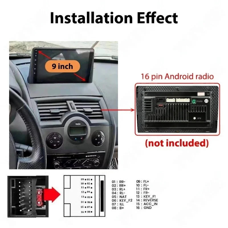 Wiring Harness Adapter CAN Bus Decoder with Dashboard Panel Frame for Megane Mk2 2005 to 2008, for 2 Din 9" Android Multimedia
