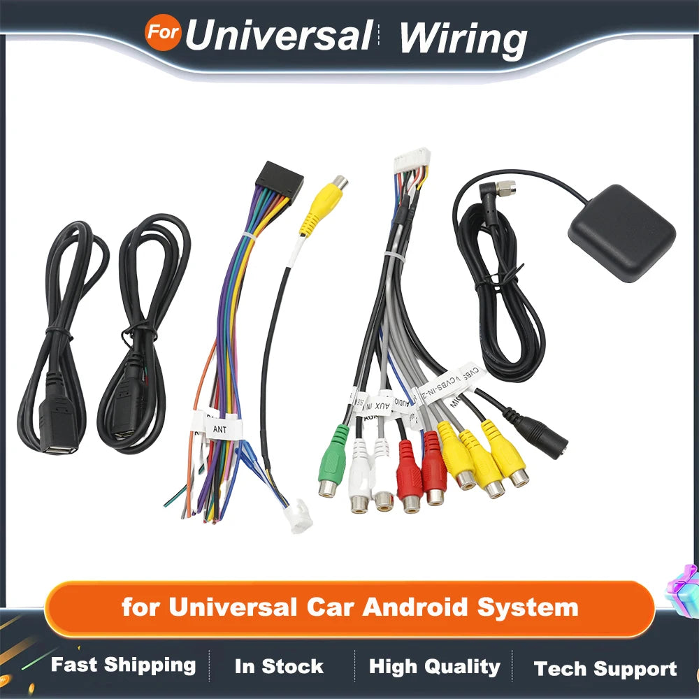 16 Pin Wiring Harness Set USB Adapter GPS Antenna Mic Video CVBS Audio Aux RCA Wifi Cable for Universal Car Android System