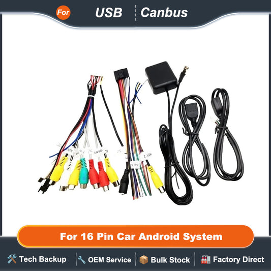 Wiring Harness Set, USB Adapters, GPS Antenna, Video Audio Aux RCA, Mic Fan Connector, Wifi Cable, for 16 Pin Car Android System