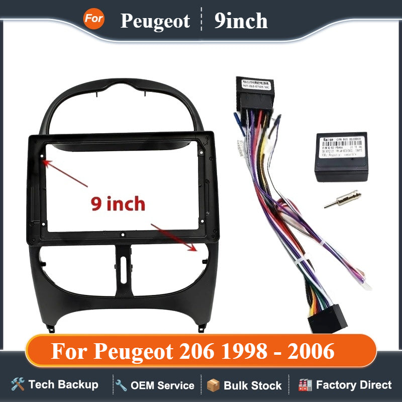 Wiring Harness Adapter with CAN Bus decoder, 2 Din 9 inch Android Radio Panel Frame for Peugeot 206 1998 - 2006, 16 Pin Cable